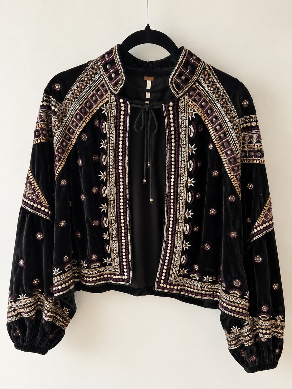 Free People Black Velvet Embroidered Jacket with Purple Accents